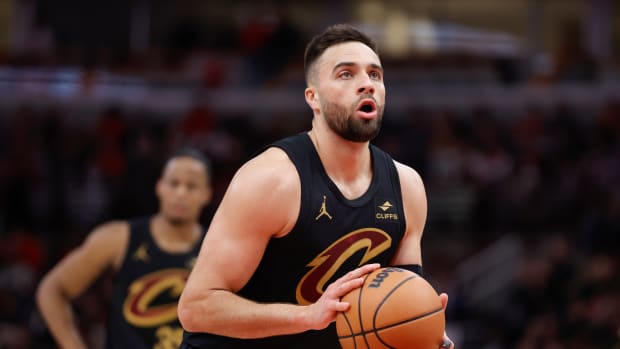 Dec 23, 2023; Chicago, Illinois, USA; Cleveland Cavaliers guard Max Strus (1) shoots a free throw against the Chicago Bulls during the second half at United Center. Mandatory Credit: Kamil Krzaczynski-USA TODAY Sports